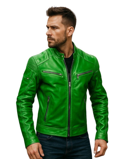 Men's Green Motorcycle Jacket with Skull