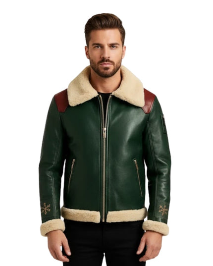 Man wearing a green leather jacket with beige fur lining on a white background