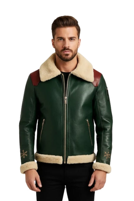 Man wearing a green leather jacket with beige fur lining on a white background
