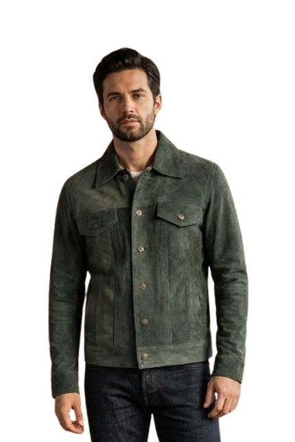 Man wearing a green suede jacket on a white background