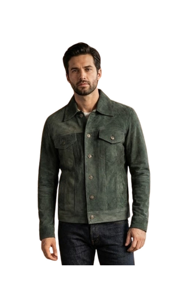 Man wearing a green suede jacket on a white background