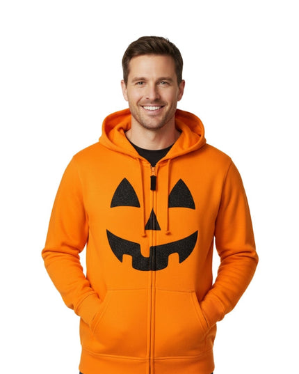 Man wearing an orange hoodie with a pumpkin face design on a white background