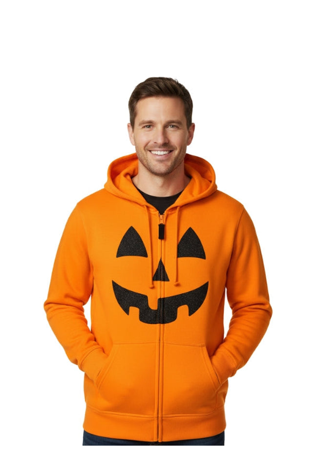 Man wearing an orange hoodie with a pumpkin face design on a white background
