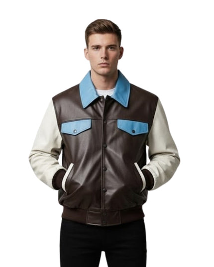 Man wearing a brown and blue jacket with a white shirt underneath on a white background