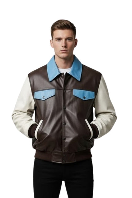 Man wearing a brown and blue jacket with a white shirt underneath on a white background
