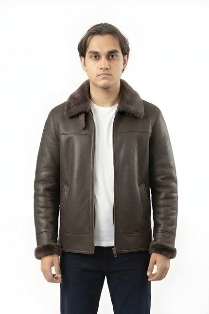 Men's Handmade Brown Shearling Bomber Leather Jacket