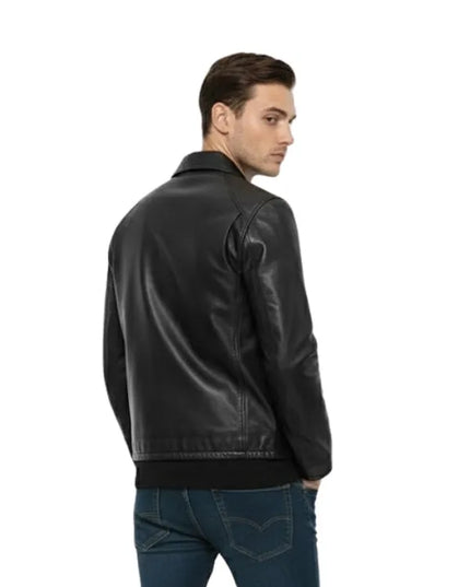 Men’s handmade genuine cowhide leather jacket in black with a slim-fit design and long sleeves for a sharp, modern look