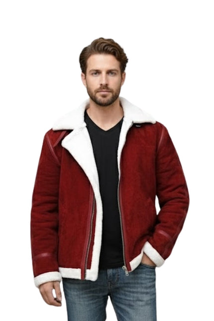 Man wearing a red jacket with white fur lining on a white background
