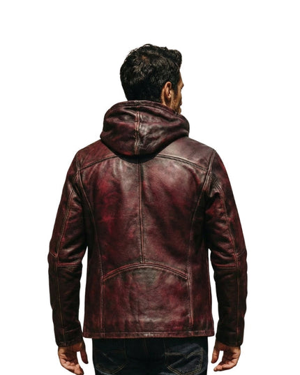 Men's Burgundy Distressed hooded - Bomber Jacket