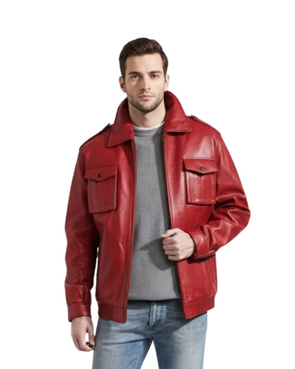 Men's Lambskin Stylish Biker Motorcycle Red Bomber Jacket