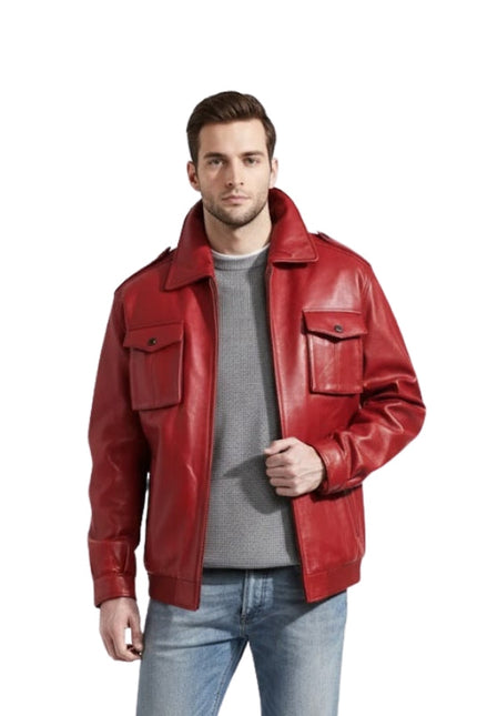 Men's Lambskin Stylish Biker Motorcycle Red Bomber Jacket