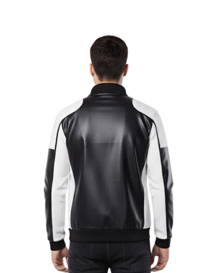 Man wearing a black and white jacket on a white background