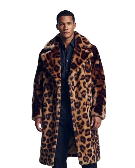 Man wearing a leopard print coat on a white background