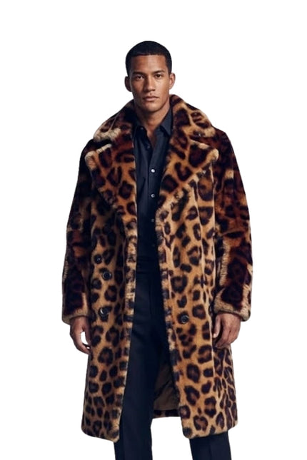 Man wearing a leopard print coat on a white background