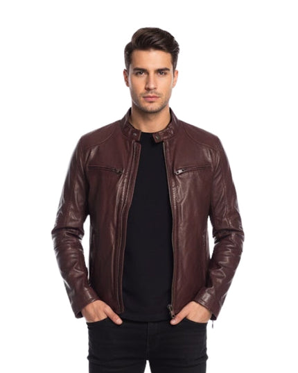 Man wearing a brown leather jacket on a white background