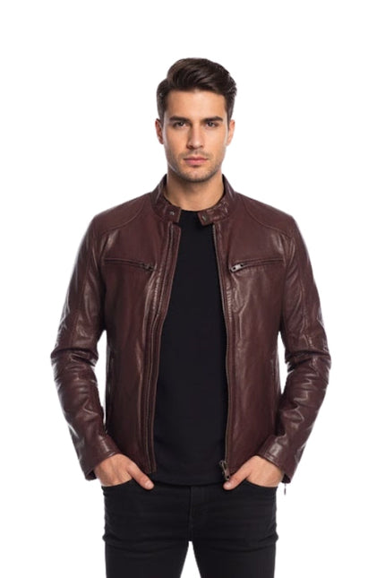 Man wearing a brown leather jacket on a white background