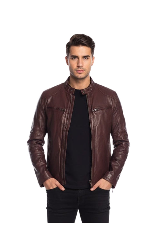 Man wearing a brown leather jacket on a white background