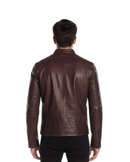 Man wearing a brown leather jacket on a white background