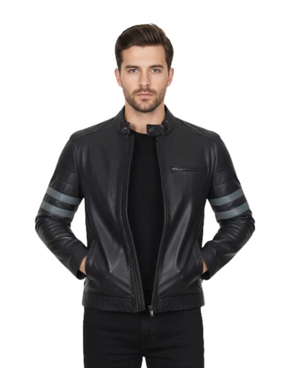 Man wearing a black leather jacket with gray stripes on sleeves against a white background