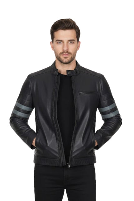Man wearing a black leather jacket with gray stripes on sleeves against a white background