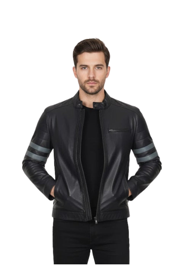 Man wearing a black leather jacket with gray stripes on sleeves against a white background
