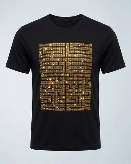 Black t-shirt with gold maze pattern on a light gray background