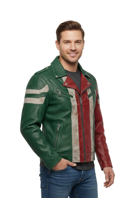 Man wearing a green, red, and gray leather jacket on a white background