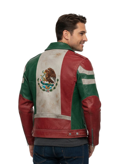 Man wearing a leather jacket with a flag design on a white background