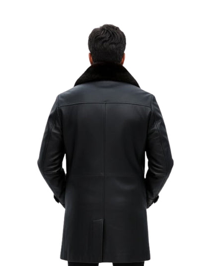 Men's Mid-Length Faux Fur Collar Welt Pockets Real Shearling Black Premium Long Leather Coat