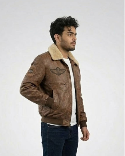 Man wearing a brown leather jacket with a white background
