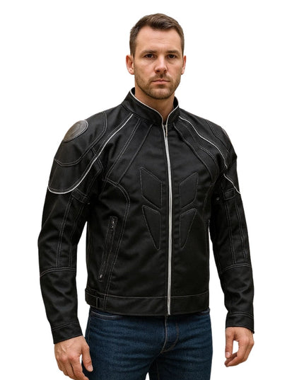 Man wearing a black leather jacket with white stitching on a white background