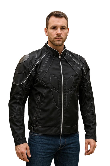 Man wearing a black leather jacket with white stitching on a white background
