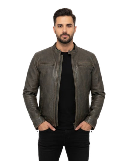 Man wearing a brown leather jacket on a white background