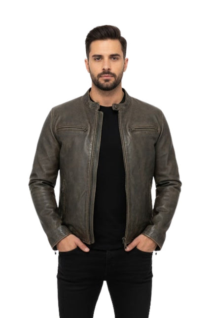 Man wearing a brown leather jacket on a white background