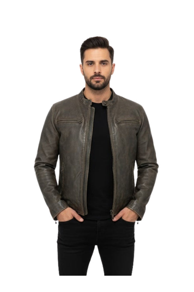 Man wearing a brown leather jacket on a white background