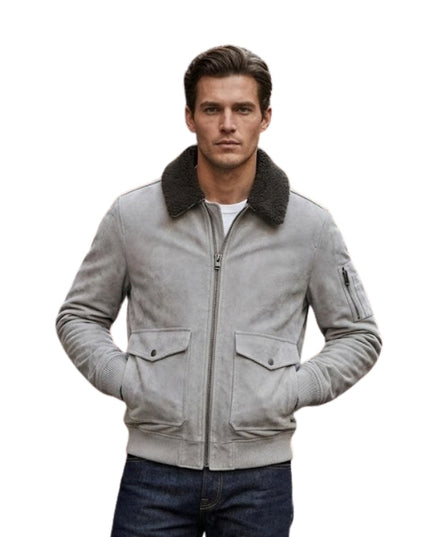 Men’s Mud White Bomber Suede Jacket