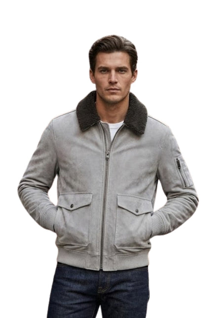 Men’s Mud White Bomber Suede Jacket