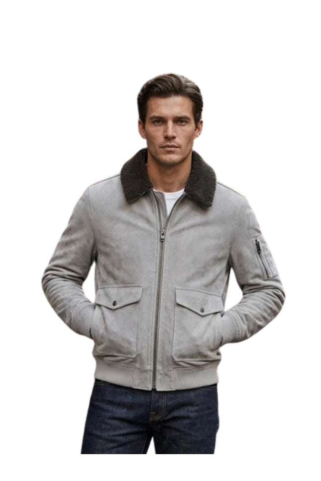 Men’s Mud White Bomber Suede Jacket