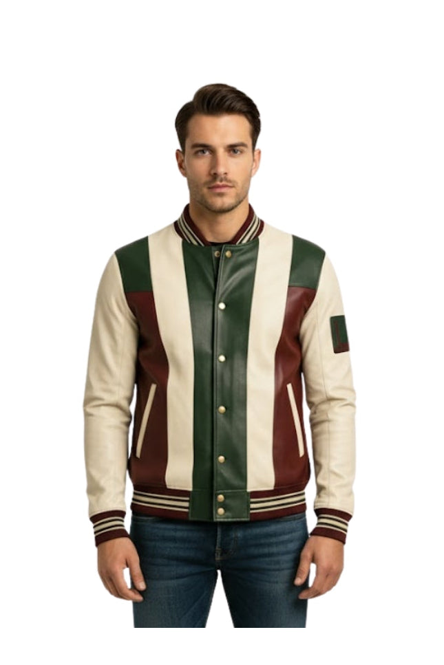 Man wearing a striped leather jacket on a white background