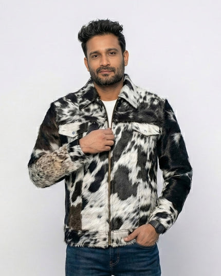 Man wearing a cowhide leather jacket on a white background