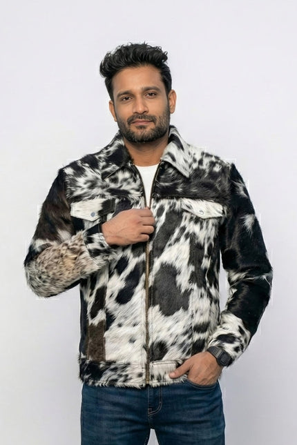 Man wearing a cowhide leather jacket on a white background