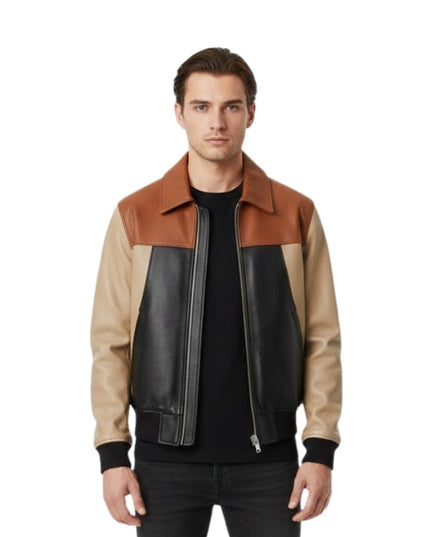 Man wearing a three-tone leather jacket on a white background
