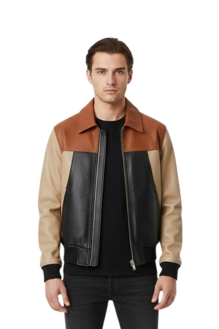 Man wearing a three-tone leather jacket on a white background
