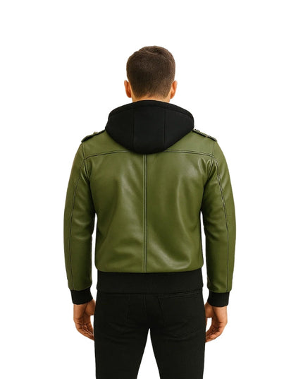 Men’s Olive Green Bomber Leather Jacket With Hood
