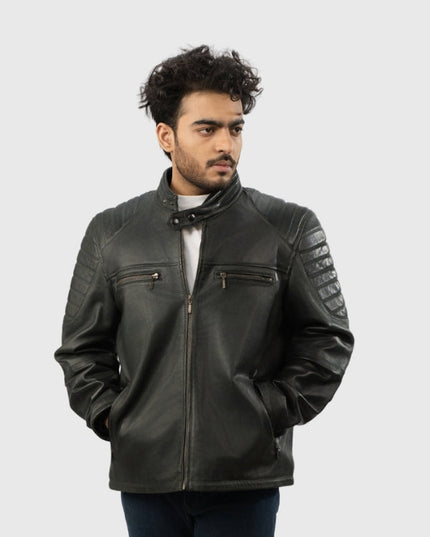 Man wearing a black leather jacket on a white background