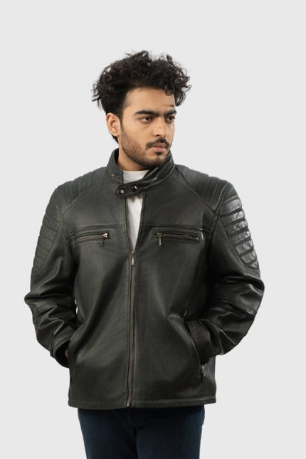 Man wearing a black leather jacket on a white background