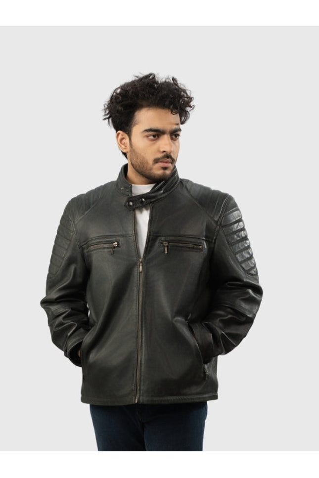 Man wearing a black leather jacket on a white background