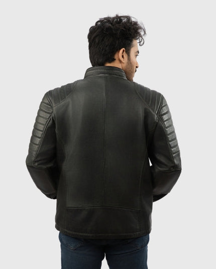 Man wearing a black leather jacket on a white background