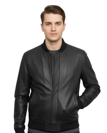 Man wearing a black leather jacket on a white background