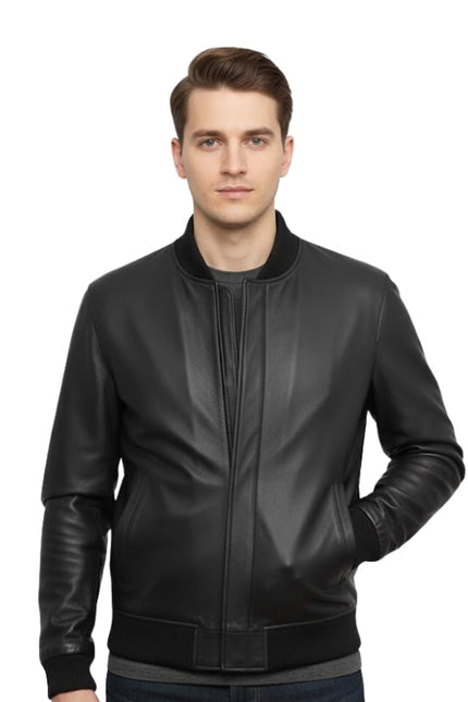 Man wearing a black leather jacket on a white background
